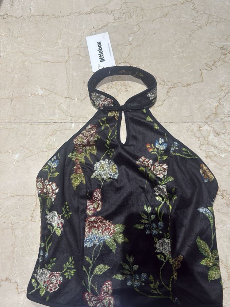 Embroidered Black Halter Neck Top