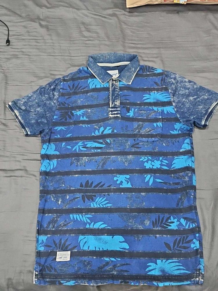 Men's Blue Floral Print Polo Shirt