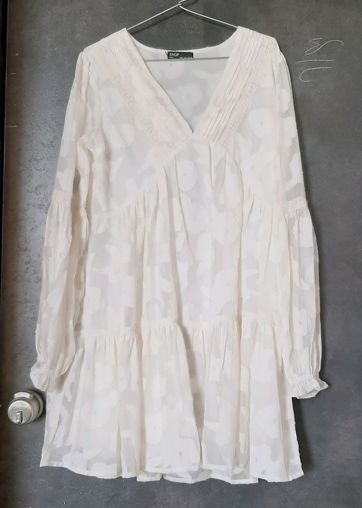 White Organza Flaired Long Top With Full Sleeve