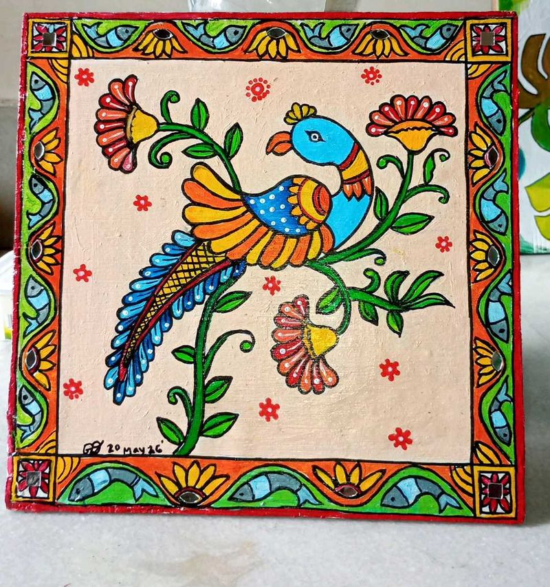 Hand-Painted Folk Art Wall Decor with mirror work