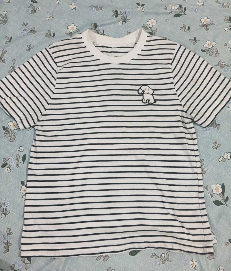 Striped T-Shirt with Cute Dog Patch