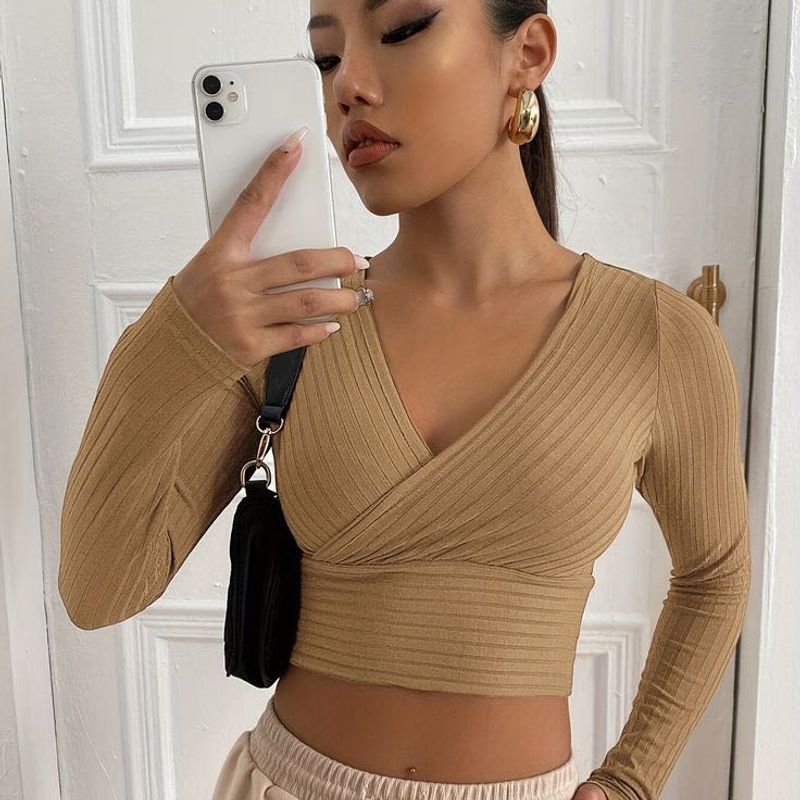 forever 21  Tan Ribbed Long Sleeve Crop Top