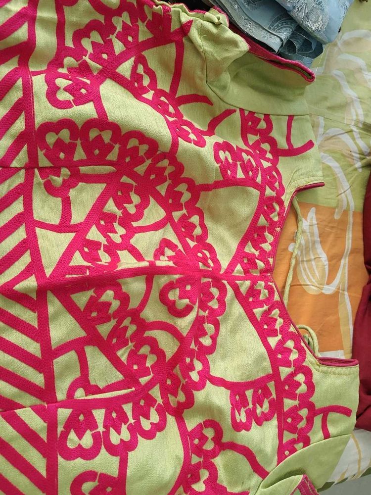 Vibrant green with Pink embroidery blouse