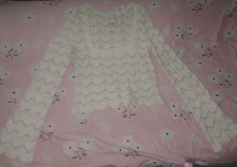 Cream Crochet Bell Sleeve Top