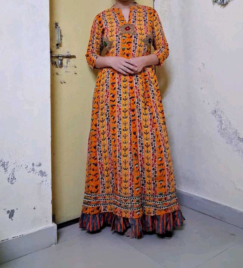 Vibrant Orange Printed Anarkali Gown