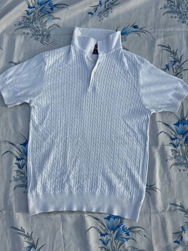 White Cable Knit Polo Top