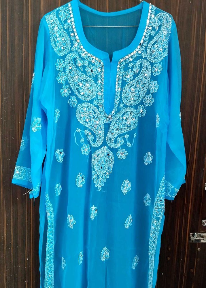 Blue Chikankari Kurta with Mirror Work