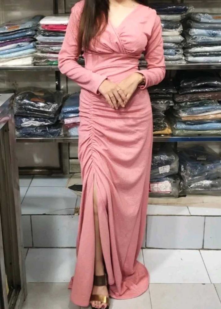 Elegant Rose Pink Ruched Maxi Dress with Full Slee