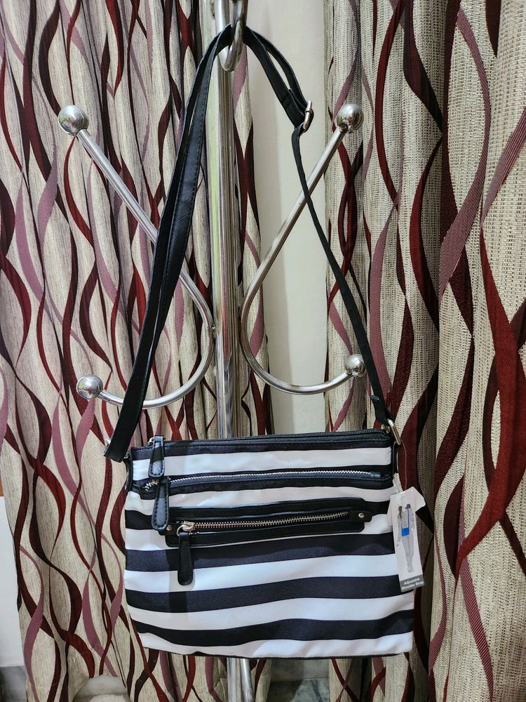 Black And White Striped Imported Sling Bag