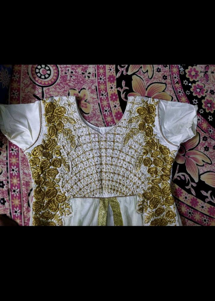 Elegant White &amp; Gold Embroidered Gown