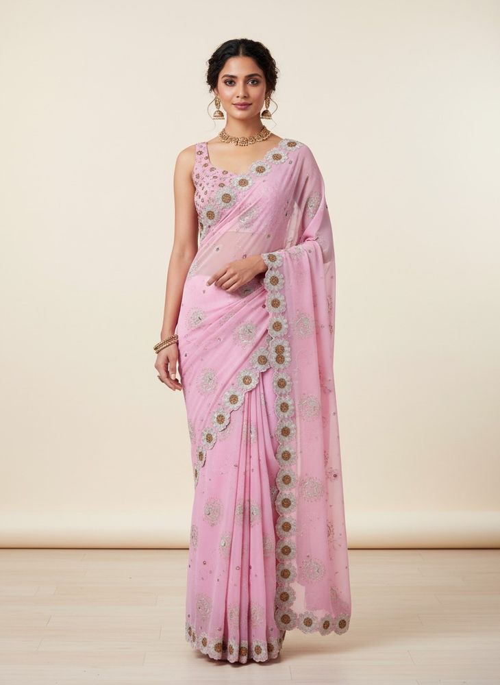 Elegant Pink Embroidered Chiffon Fabric