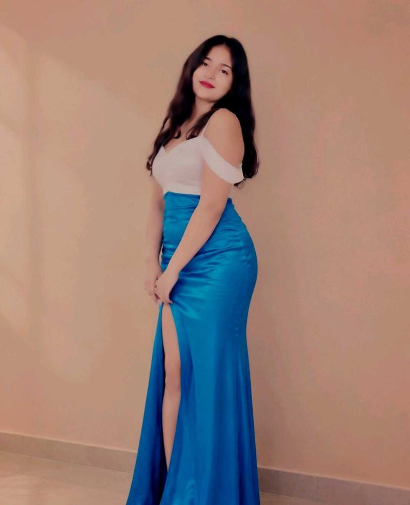 Elegant Blue &amp; White Off-Shoulder Gown