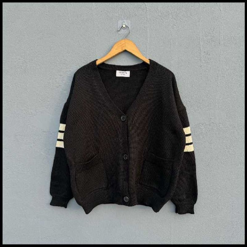 Black Knit Cardigan with Striped Sleeves