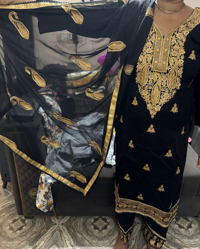 Elegant Black Kurta Set with Gold Embroidery