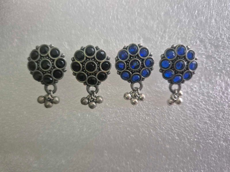 Oxidised Floral Earrings with Blue &amp; Black Stones