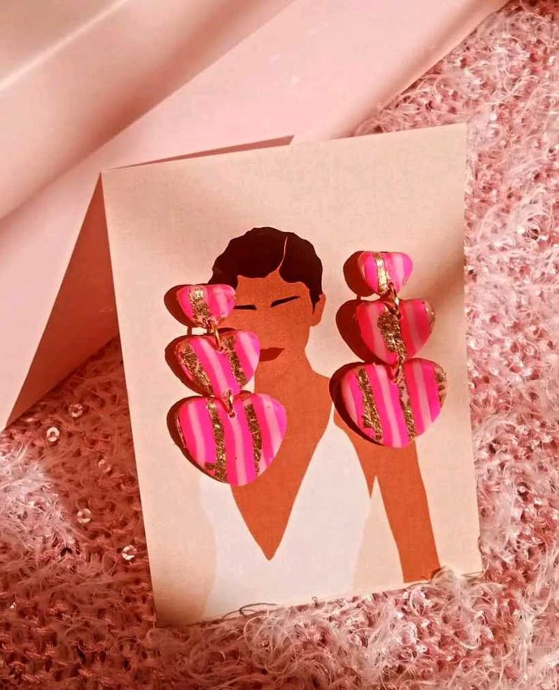 Pink Striped Heart Dangle Earrings
