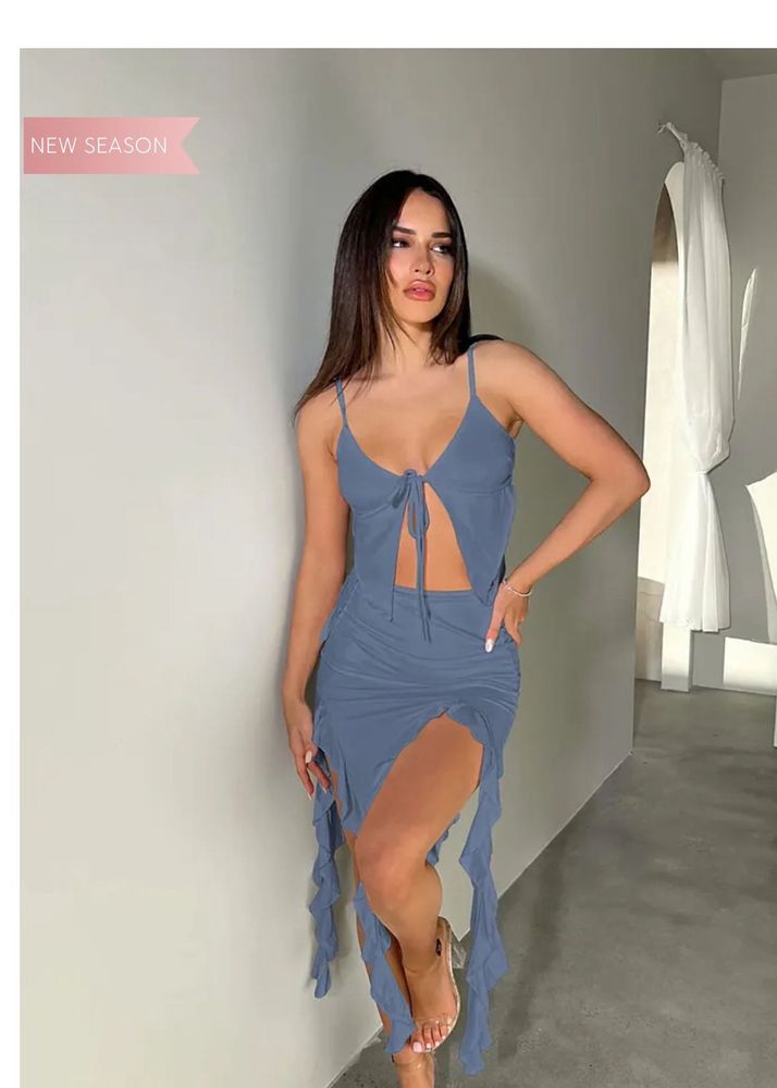 Blue Ruched Tie Front Dress