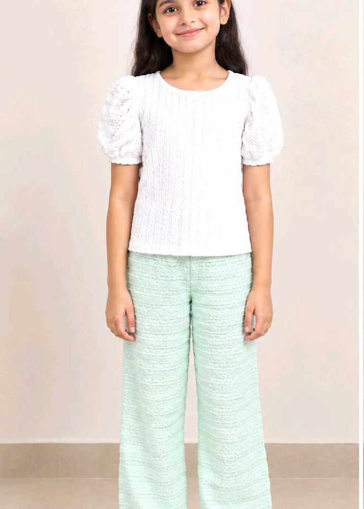 Stylish White Sleeve Top &amp; Mint Pants Set