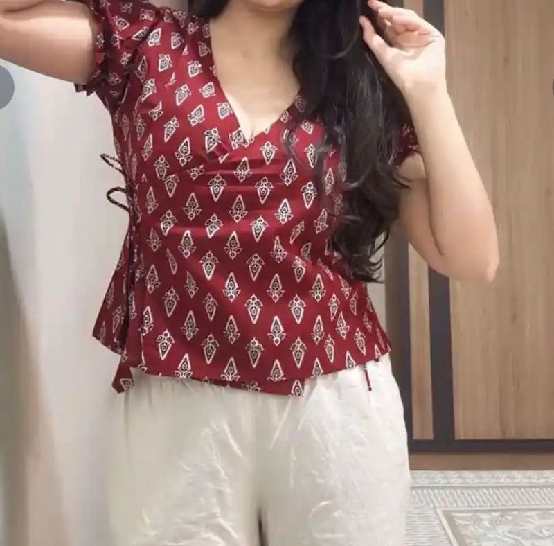 Maroon cotton Printed Wrap Top