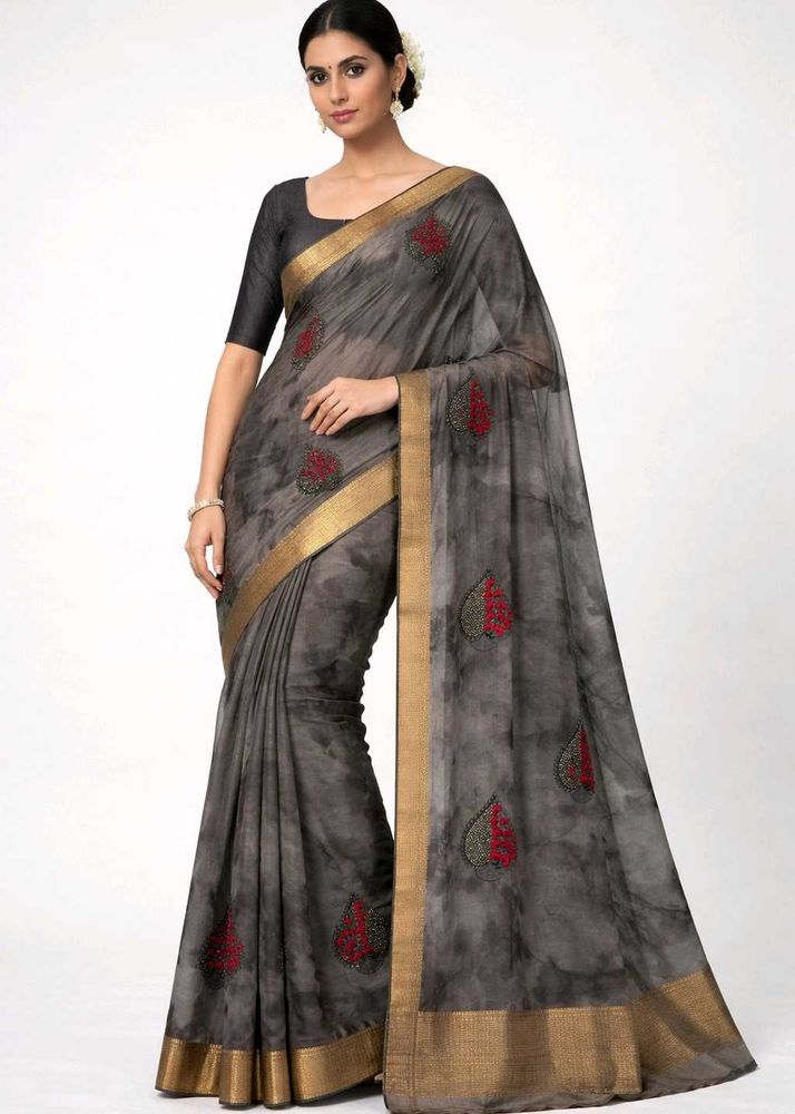 Elegant Smoke Grey✨  Hand Embroidered Saree