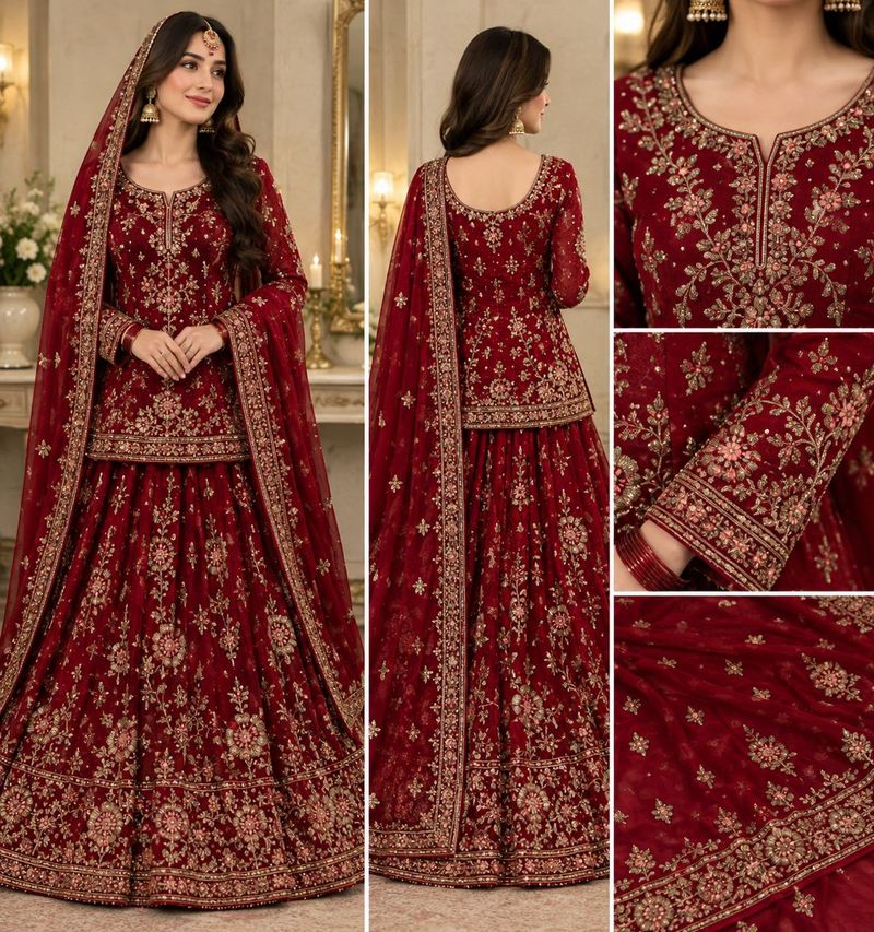 Red Velvet Embroidered Lehenga