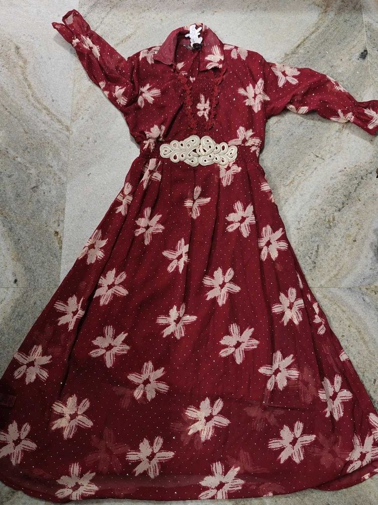 Maroon Floral Midi Dress