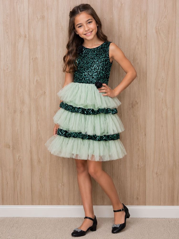 Princess Style Black Sequin Ruffle Dress for Girls