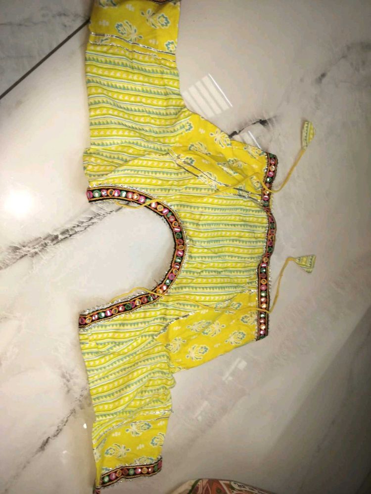 Yellow Printed Blouse with Mirror Work