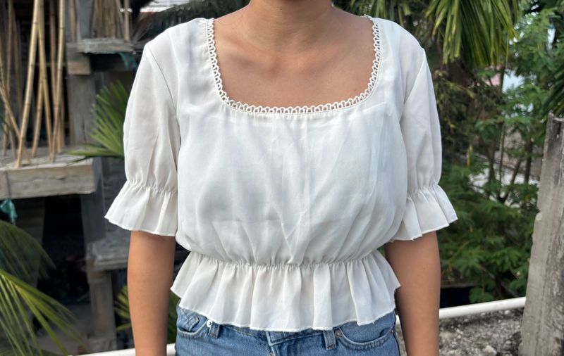 White Ruffled Square Neck Top