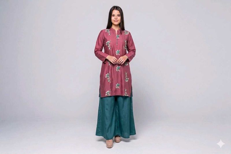 Maroon Embroidered Kurta with Teal Palazzo Pants
