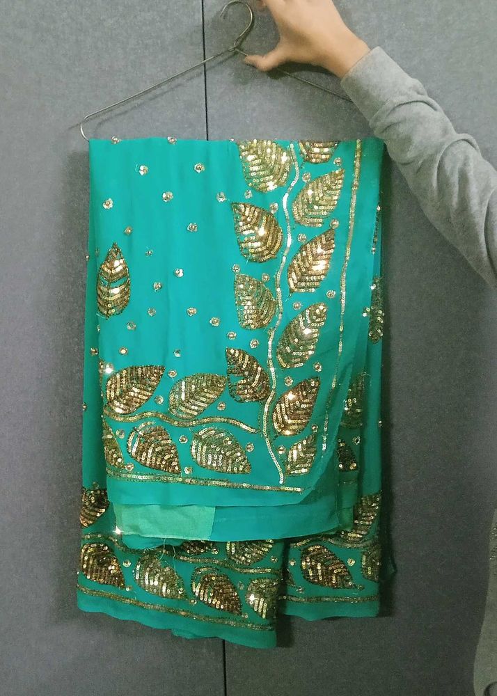 Teal Saree with Gold Leaf Embellishmen cut dana wo