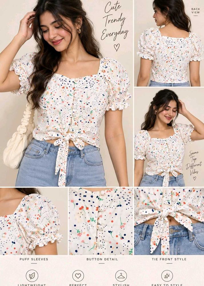 Cute Floral Tie-Front Puff Sleeve Top