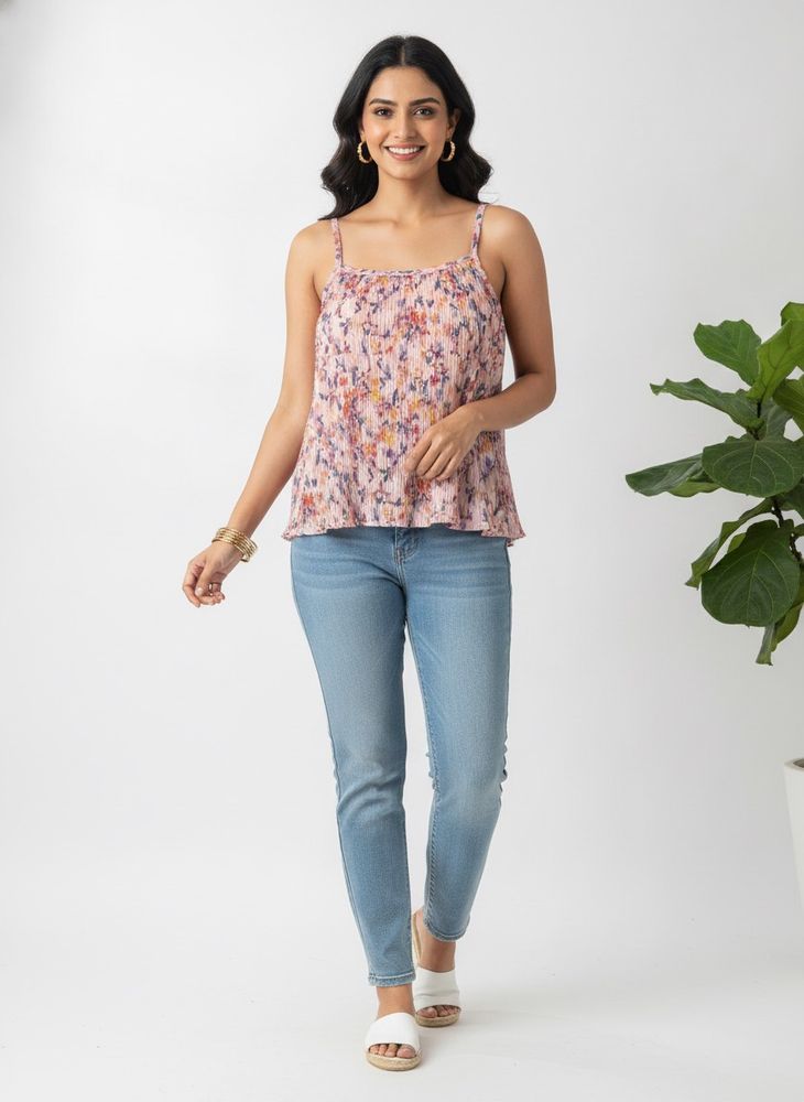 Chic Floral Print Spaghetti Strap Top