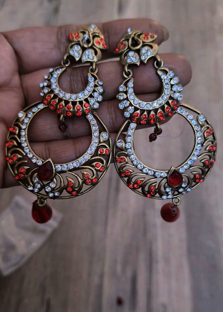 Exquisite Red &amp; White Stone Jhumka Earrings