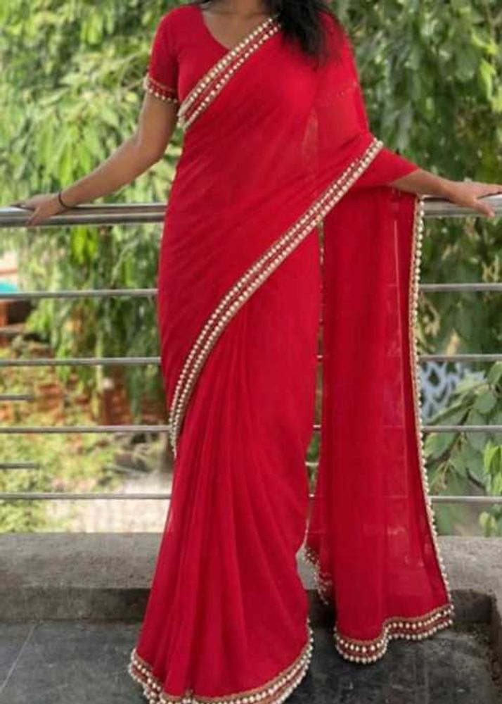 Elegant Red Saree with Pearl Border