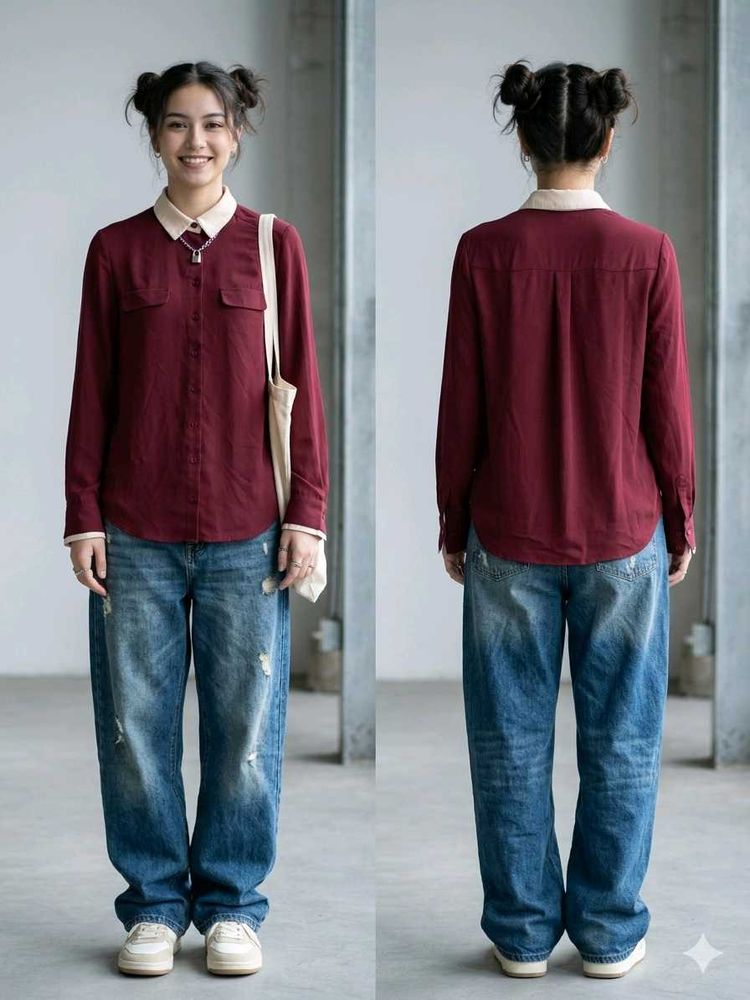Maroon Collared Shirt with Contrast Cuffs