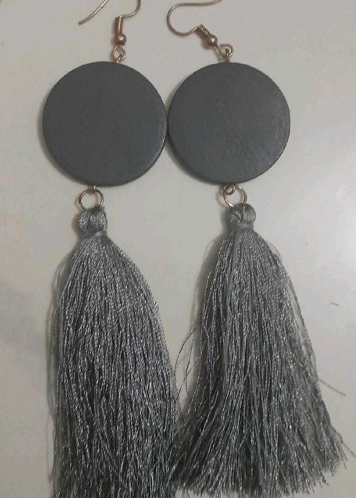 Grey Tassel Hoop Earrings