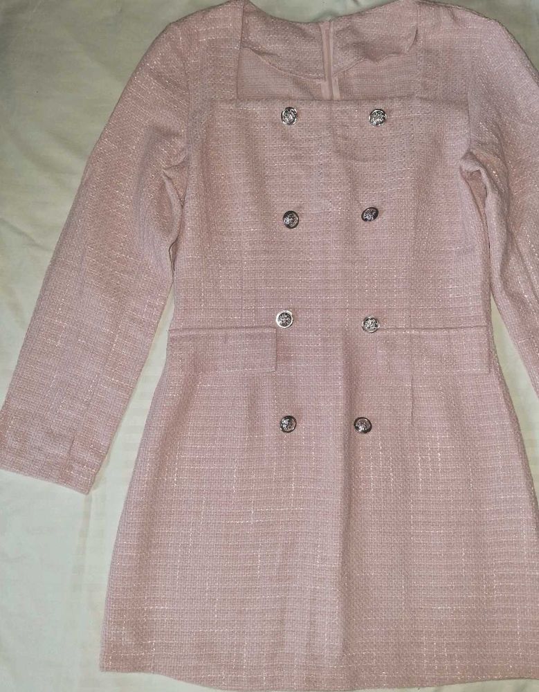 Chic Pink Tweed Dress with Embellished Buttons