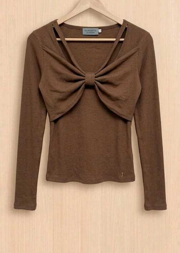 Chic Brown Bow Detail Long Sleeve Top