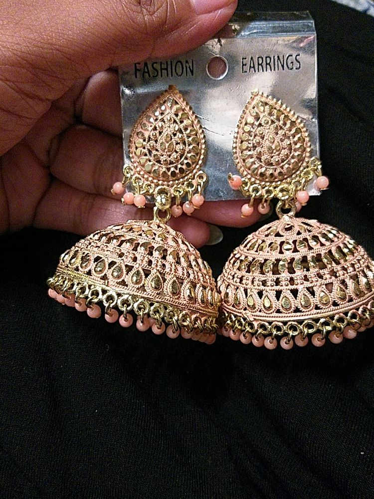 Peach And Golden Earrings