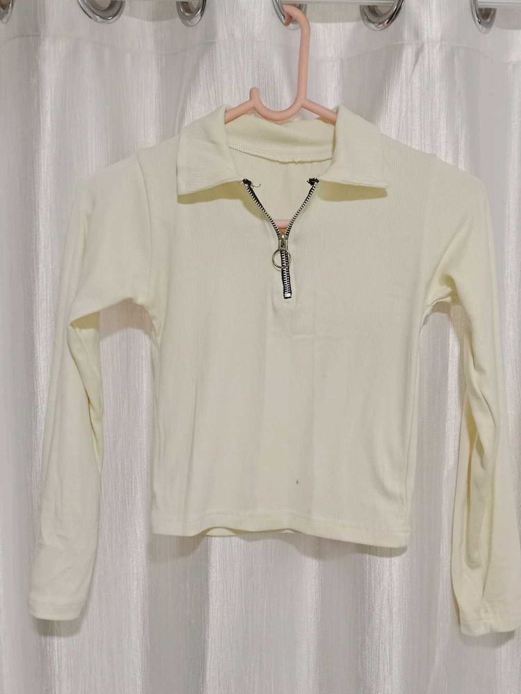 Cream Half-Zip Collared Long Sleeve Top