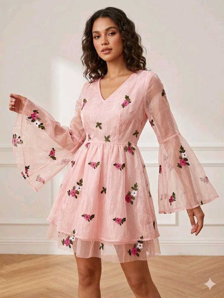 Chic Embroidered Bell Sleeve Mini Dress