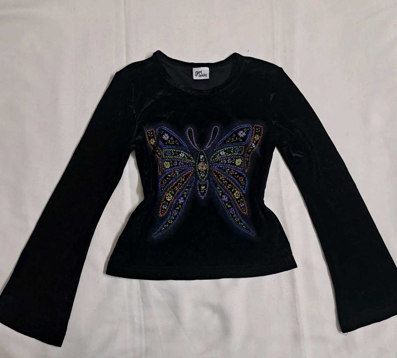 Y2k Vintage 2000s Velvet Butterfly Long Sleeve Top