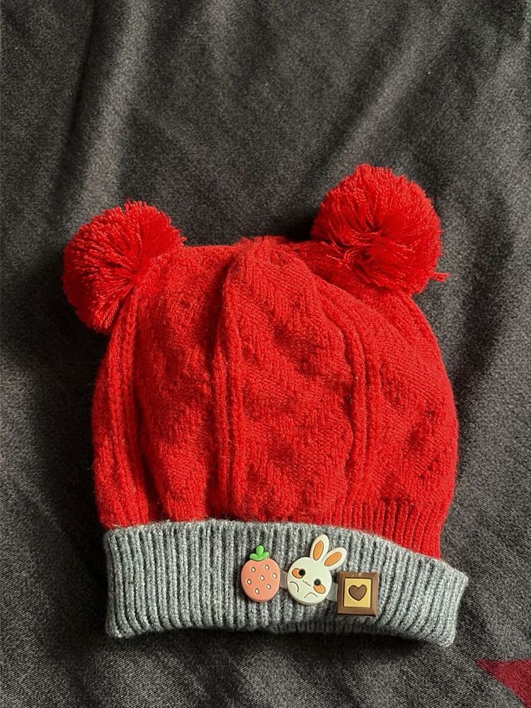 Red Pom-Pom Beanie with Cute Charms