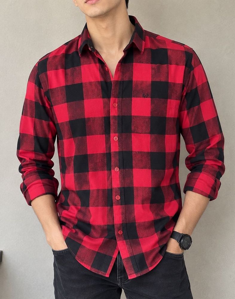 Men's Red &amp; Black Plaid Shirt