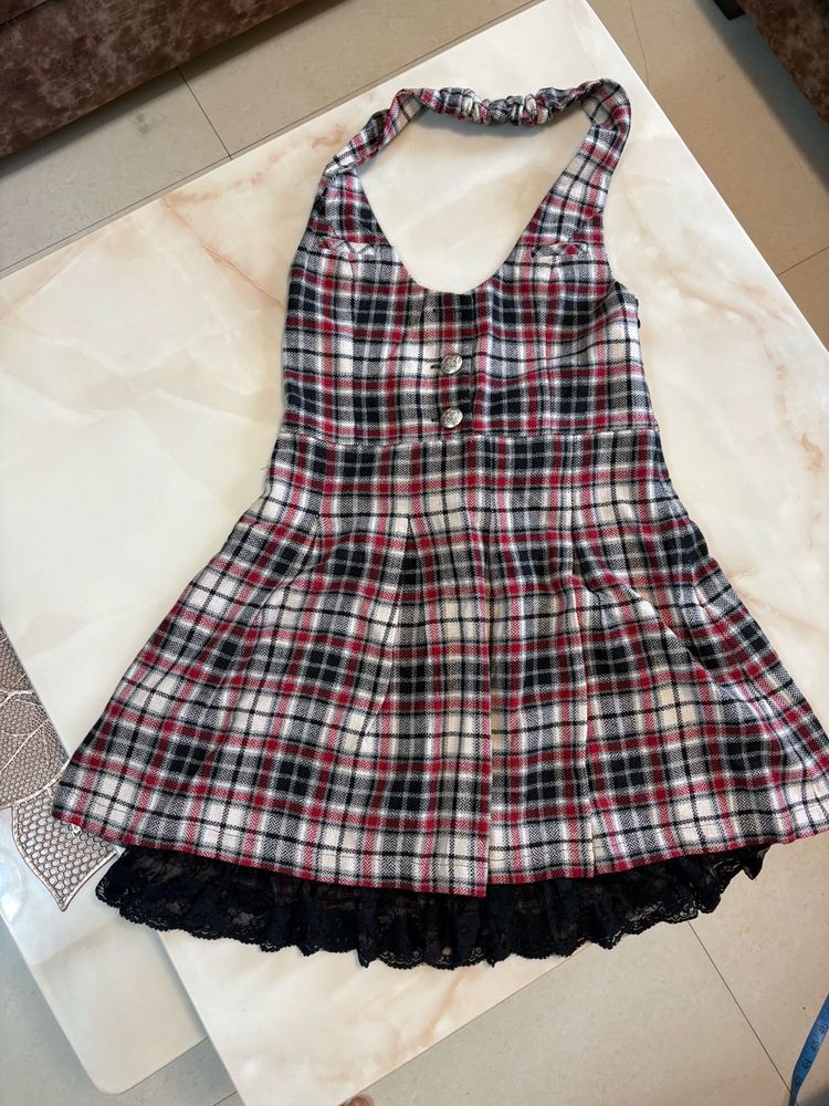 Plaid Halter Dress with Lace Trim