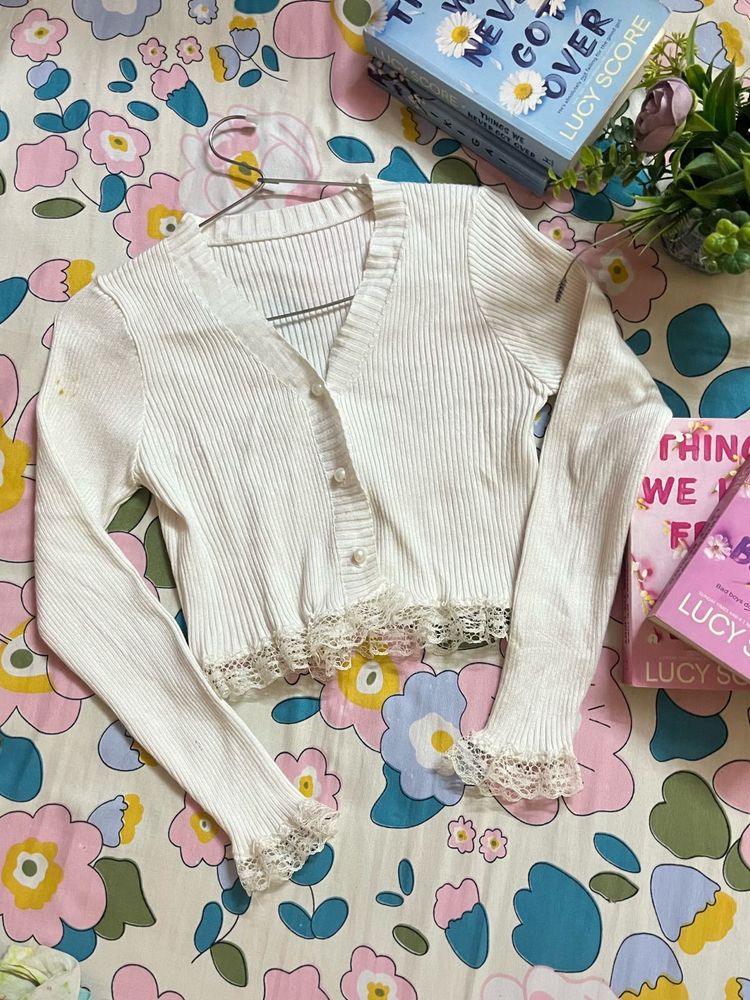 White Cropped Cardigan with Lace Trim
