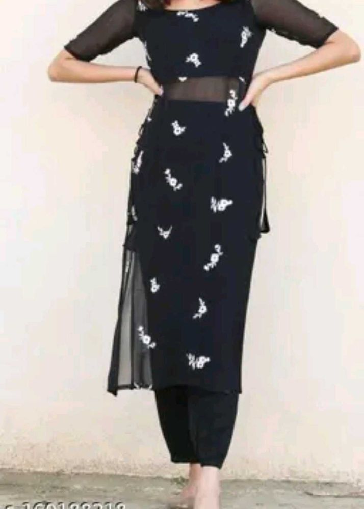 Black Embroidered Kurta Set with Sheer Sleeves Siz