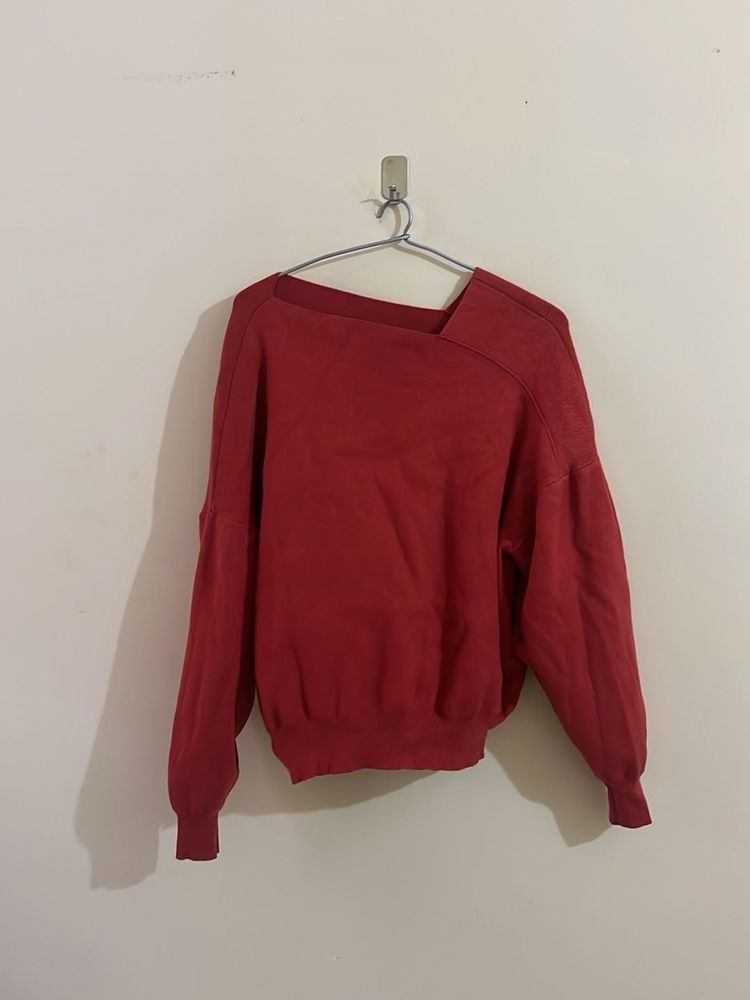 Red Asymmetrical Neckline Sweater