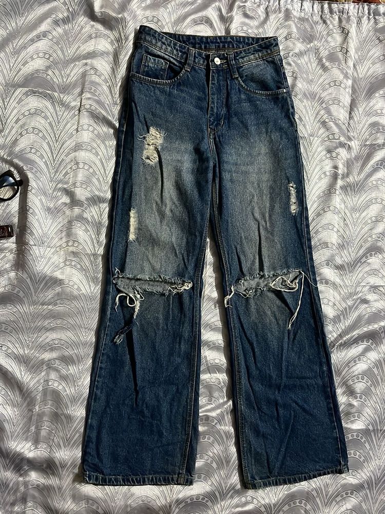 Distressed Wide-Leg Jeans